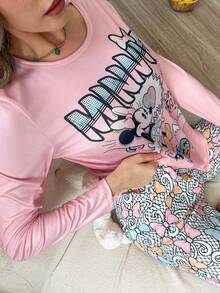 Disney 米妮字母女士睡衣套装 - 长袖米妮印花上衣和裤子，可爱舒适的家居服 - 彩色 - 查看 3