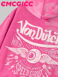 EMCGICC Manfinity Y2k Men Washed Hoodie,Street Outdoor Life Hip-Hop Style Christmas Thanksgiving Gifts Men's Sweatshirt Washed Hoodie - Retro Distressed Washing Process Long Sleeves Regular Fit Street Style Digital Printing Casual Pullover With Kangaroo Pocket Ideal Gift - 玫紅色 - 查看 4