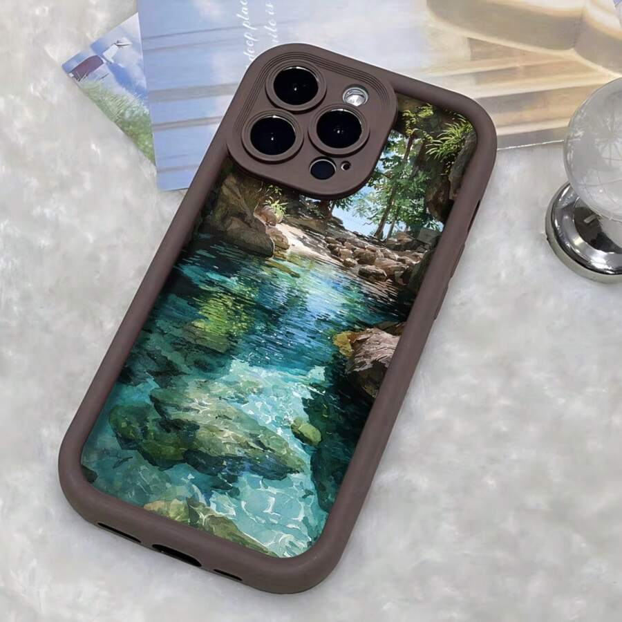 Cubierta de telefono con borde negro y diseño de arroyo cristalino en bosque para iPhone 14 Pro Max Protector de pantalla con impresion natural para uso diario y viajes - Café integral - Ver 1