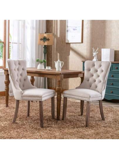 Nikki Collection Modern, High End Tufted Solid Wood Contemporary Fluwelen Upholstered Dining Stoel Legs Nailhead Pcs Set, Beige, DE2001BG