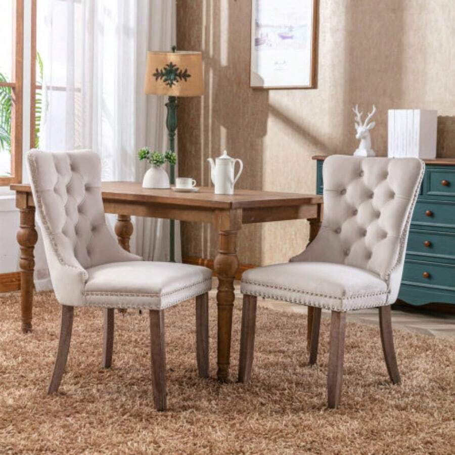 Dining Chairs - 米色 + 天鵝絨 + 泡沫 - 查看 1