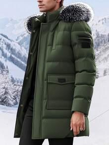 Men's Hooded Mid-Length Down Jacket, Thick Windproof Warm, Solid Color Design, Fashion New Style, Men's Casual Outerwear - Green - View 3