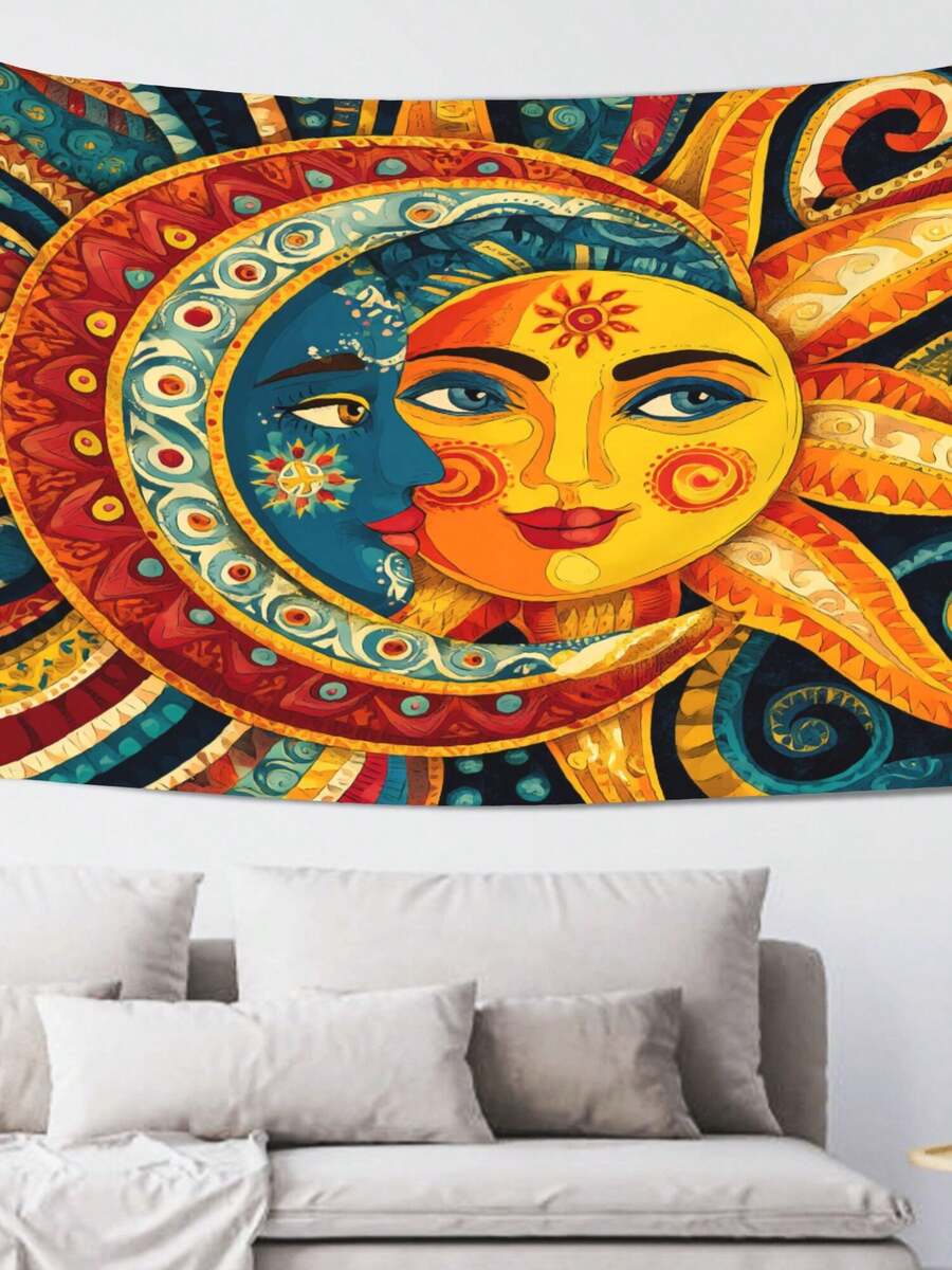 Vintage Sun Face Tapestry Wall Hanging - & 40x60 Inch Polyester Art Decor - 黑色 - 查看 1