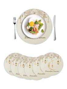 1件/4件/6件装斋月圆形涤纶餐垫，月亮烛台花卉装饰餐垫，斋月防污餐垫，适用于家庭、餐厅、餐馆，桌面装饰，家居用品