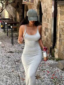 Đầm mini ôm sát cổ chữ U gợi cảm kiểu Âu Mỹ VIBEWAVE 2026 mùa hè mới, đầm hai dây - Xám - Xem 1