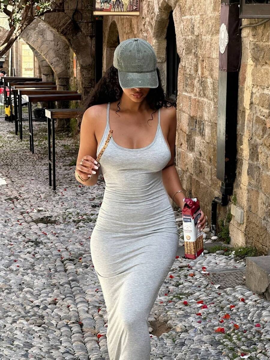 Đầm mini ôm sát cổ chữ U gợi cảm kiểu Âu Mỹ VIBEWAVE 2026 mùa hè mới, đầm hai dây - Xám - Xem 1