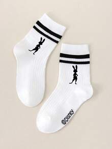 Disney 1/5 双动漫联名款，朱迪、尼克、闪电侠、博戈警长、贝尔韦瑟助理市长儿童中筒袜套装，黑白简约素描风格，白色双条纹袜，白色袜子，吸汗透气速干，运动休闲风，日常穿着/派对礼物 - 彩色 - 查看 8