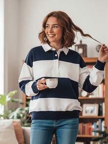Womens Lapel Collar Sweatshirts Long Sleeve Striped Contrast Color Loose Pullovers Streetwear Tops - 深藍色 - 查看 5