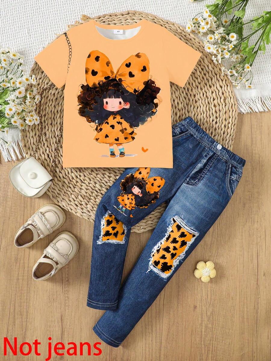 Set de 2 piezas de camiseta de manga corta con estampado de mariposa y corazón suave y pantalones con aspecto de mezclilla, informal y lindo para niñas, primavera/verano - Naranja - Ver 1