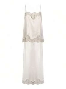 Women 2 Piece Lace Satin Lounge Set Lace Patchwork Spaghetti Strap Off Shoulder Tank Top With Drawstring Wide Leg Long Pants Soft Fall Sleepwear Loungewear Sets - 白色 - 查看 5