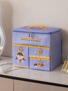 1pc Fabric Cartoon Foldable Drawer Makeup Storage Box, Large Capacity Compartment Organizer, Portable Dust-Proof Jewelry Case