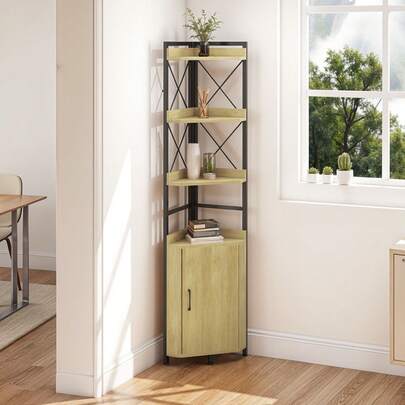 4-Tier Industrial White Bookshelf – Corner Shelf With Cabinet, Freestanding Wooden Storage Unit For Hallway/Living Room