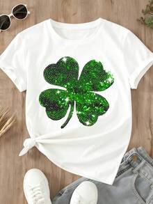 St Patrick Day Lucky Clover Sequin T Shirt Women White Casual Short Sleeve Top Sparkly Green Four Leaf Clover Design Festive Irish Apparel For St Patricks Day Celebration Comfortable Soft Cotton Blend Fashion Statement Piece Perfect For Party Outfit Or Everyday Wear And Eye Catching Graphic Tee With Shiny Rhinestones Elegant And Fun Style For Spring Season Celebrate Luck And Fortune With This Beautiful Shamrock Print Shirt Ideal Gift For Friends And Family On St Patricks Day - 白色 - 查看 3