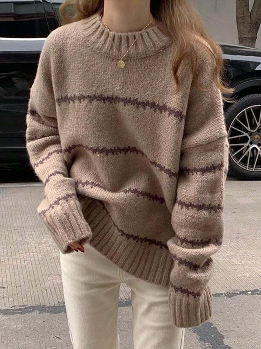 Jerséis de punto para mujer Nuevo otoño/invierno Prenda de punto a rayas Suéter de cuello redondo Prenda exterior Top - Café integral - Ver 1