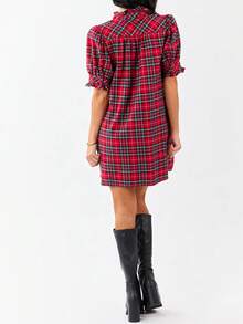 Women's Christmas Plaid Print Tunic Dress Puff Short Sleeve V Neck Loose Shirt Dress Casual Babydoll Xmas Dress With Pocket - Đỏ - Xem 7