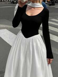 Hot  Off The Shoulder Long Sleeve Contrast Color Stitching Dress Chic Fashion Evening Party Holiday Casual Outfit - 白色 - 查看 2