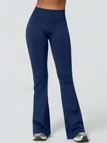 NcmRyu 1件装女士纯色无缝简约高腰弹力提臀喇叭运动裤 - 藏蓝色 - 查看 8