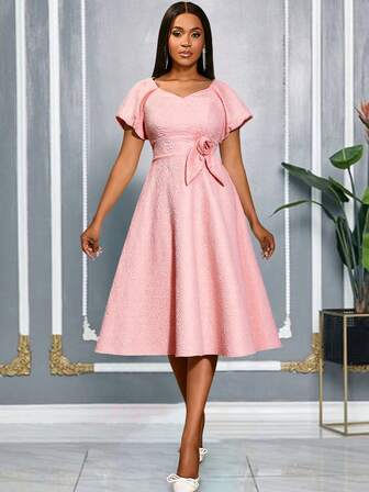 AOMEI 优雅女士粉色纹理中长连衣裙，泡泡袖，3D玫瑰蝴蝶结腰带，鸡尾酒会、新娘送礼会、新年晚宴、时尚晚礼服，情人节时尚服装系列