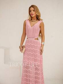 Women's Long Knit Dress Party Lace Lined Cutout At The Waist New Year's Eve Dress Christmas White Red Olive Green - 淺粉色 - 查看 5