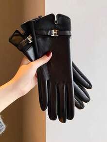 1双女士优雅纯色PU铆钉镶嵌休闲街头手套，适合成熟女性户外运动，秋冬季款 - 彩色 - 查看 2