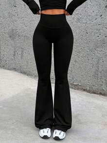 Aoqta 运动女士休闲纯色高腰提臀喇叭裤夏季健身运动服，适合健身房锻炼、瑜伽、跑步等运动。 - 黑色 - 查看 5