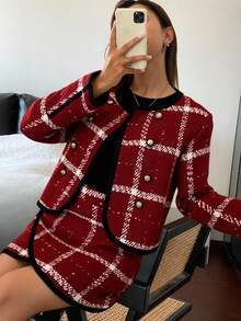 Livesso 女士优雅图案外套和裙子两件套，适合秋季、新年、圣诞节穿着 - 酒紅色 - 查看 7