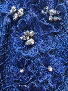 Women's Delicate 3D Floral Beaded Evening Dress: Rhombus Iridescent Mesh V-Neck Fitted Gown, Handcrafted Rhinestone High-End Formal Wear - Navy Blue - View 6