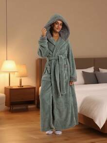一件装基础款休闲连帽浴袍，带腰带，男女通用，雾蓝色 - 霧藍連帽 - 查看 1