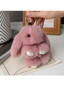 5.9英寸手工可爱兔毛毛绒钥匙扣，柔软兔毛绒球吊坠，萌趣兔毛钥匙扣，女士礼物