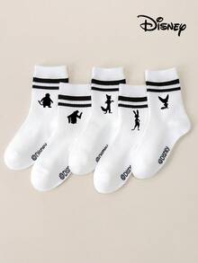 Disney 1/5 双动漫联名款，朱迪、尼克、闪电侠、博戈警长、贝尔韦瑟助理市长儿童中筒袜套装，黑白简约素描风格，白色双条纹袜，白色袜子，吸汗透气速干，运动休闲风，日常穿着/派对礼物 - 彩色 - 查看 6