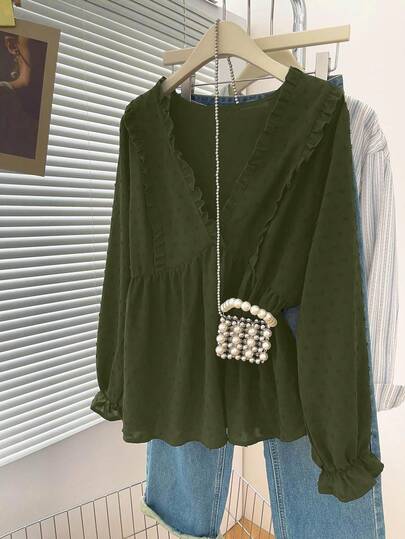 Plus Size Women's Fashion Casual Solid Color Jacquard Ruffle V-Neck Puff Sleeve Cinched Waist Blouse, Suitable For Dates, Outings, Wedding Guests, Autumn/Winter