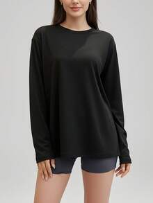 Camiseta deportiva casual y holgada para mujer con cuello redondo y mangas largas, adecuada para otoño e invierno. - Negro - Ver 2