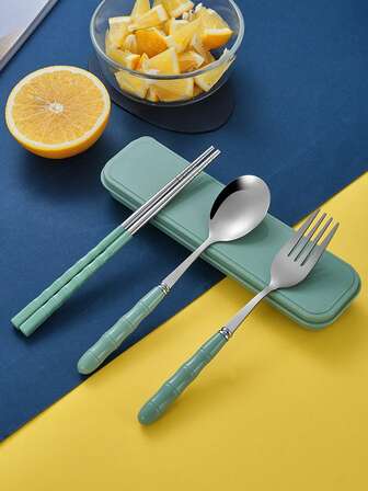 1pc Stainless Steel Portable Cutlery Set, Student Outdoor Fork Spoon Chopsticks 3 PiecesDining Utensils Gift