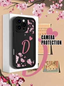1 pieza Funda de teléfono con diseño de flores de cerezo y la letra D en estilo romántico y femenino ideal para amantes de la primavera y el estilo delicado TPU soft case, protección completa antideslizante y anti-caída, compatible con iPhone17 ProMax/16/15/14/13/12/11/Plus/Pro/ProMax, compatible con Galaxy A34/A35/A54/A55, Galaxy S20/S21/S22/S23/S24/S25 Ultra/Plus, compatible con Galaxy/Redmi/Honor/OPPO/ViVo - Negro - Ver 3