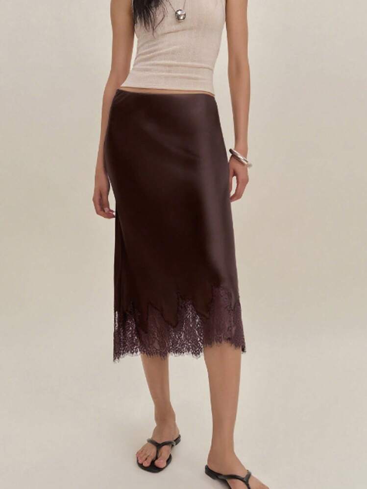 Women's Ivory Satin Midi Skirt With Floral Lace Hem High Waist Elegant Slip Skirt For Wedding Guest Office And Casual Wear - 棕色 - 查看 2