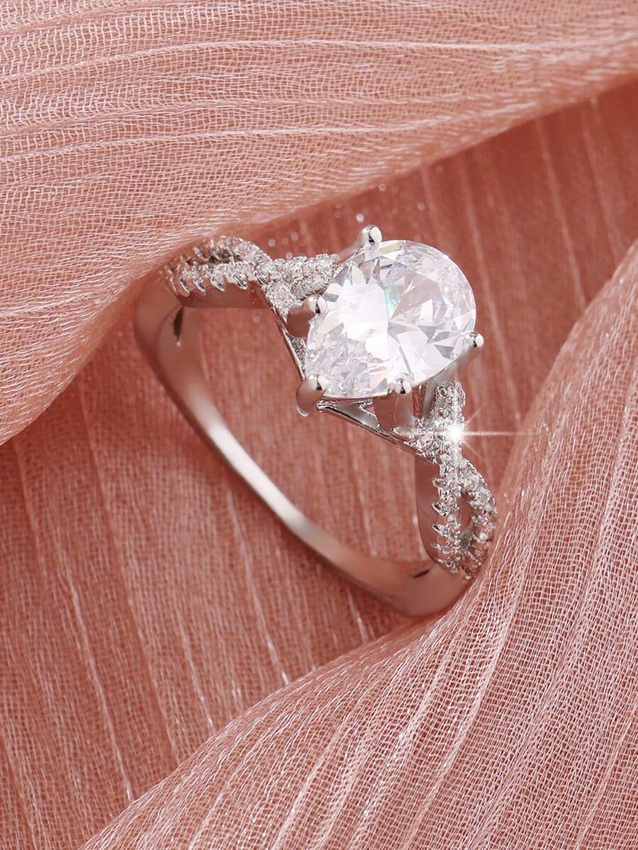 1pc Glamorous Sparkling Classic Claw-Set Cubic Zirconia Teardrop Women's Engagement Ring, Wedding Ring, Party Event Anniversary Birthday Gift - Silver - View 1