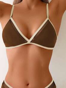 1 Conjunto de Bikini de Dos Piezas para Mujer con Inserto de Malla, Tirantes de Espagueti, Escote en V, Espalda Descubierta, Elegante y Sexy - Marrón - Ver 5