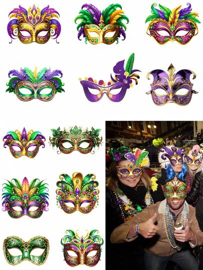 12/24 piezas Máscaras de fiesta de carnaval, máscaras de fiesta brillantes de festival, accesorios decorativos de carnaval, accesorios de fotografía de fiesta de carnaval, accesorios de disfraz de fotografía, decoraciones de fiesta, regalos de carnaval (talla única, papel)