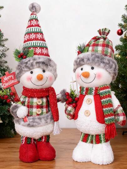 1 Pieza o 2 Piezas Set Adorno Navideño de Muñeco de Nieve - Material Peludo Suave con Gorro de Punto Estampado, Bufanda de Cuadrícula Rojo y Verde, Adornado con Cartel de "Merry Christmas" y Bayas Rojas, Diseño Agradable y Festivo, Ideal para Decoración de Árbol de Navidad, Chimenea, Adorno de Vitrina y la Fiesta de Navidad