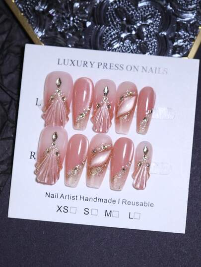 10片装3D贝壳图案手工按压式美甲贴片，公主奢华风 - 法式美甲设计，珊瑚粉色带闪粉金色，可重复使用，镶钻全覆盖棺材形假指甲，女士适用