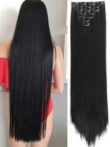7pcs Of Women's Synthetic Hair Patches Long Straight Hair Clips Deep Black Double-Layer Weaving 16 Clips Per Piece Breathable And Comfortable Hair Accessories - Multicolor - View 2
