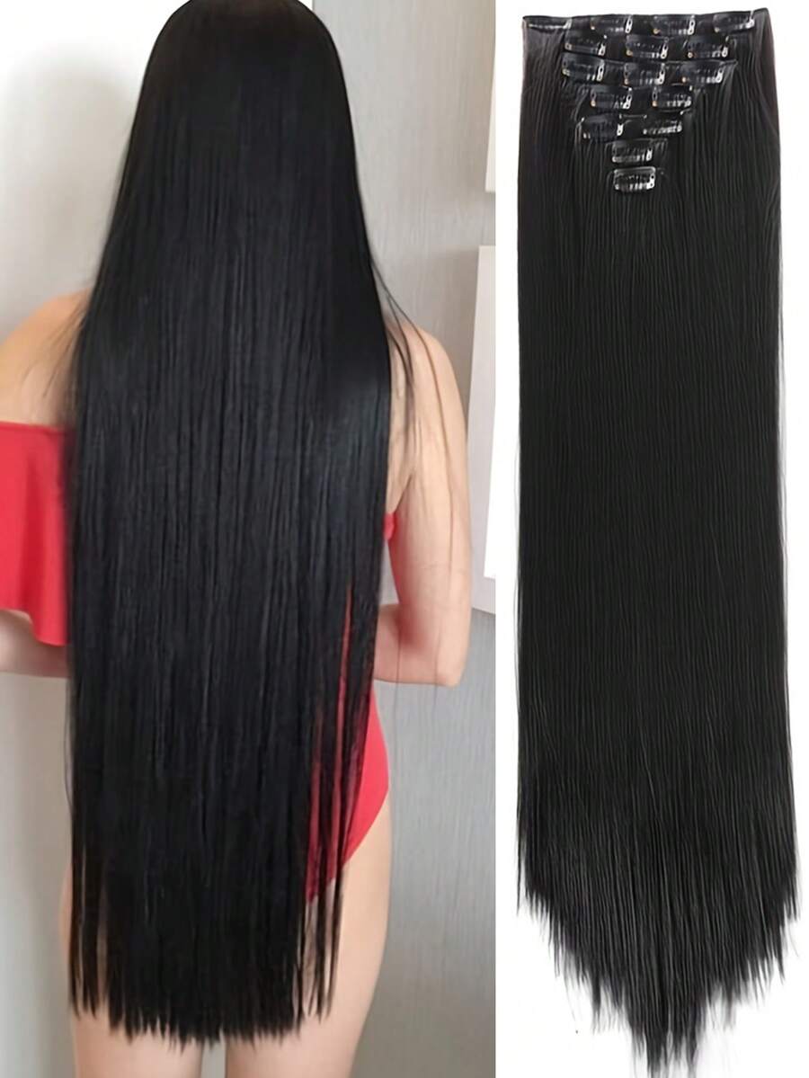 7pcs Of Women's Synthetic Hair Patches Long Straight Hair Clips Deep Black Double-Layer Weaving 16 Clips Per Piece Breathable And Comfortable Hair Accessories