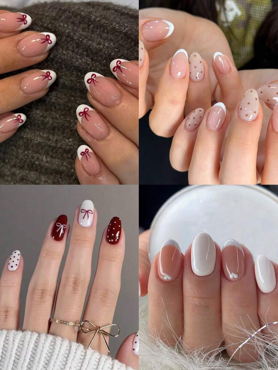 96 miếng (4 bộ hỗn hợp) Miếng dán móng tay ngắn hình bầu dục màu trắng kiểu Pháp phong cách Y2K, trang trí họa tiết trái tim, chấm bi và nơ, thích hợp cho Ngày Valentine và Giáng sinh, bộ móng giả acrylic vừa vặn hoàn hảo, bao gồm 1 lọ sơn gel và 1 dũa móng, lý tưởng cho các bạn gái sử dụng hàng ngày, dự tiệc và tụ họp. - Nhiều màu - Xem 1