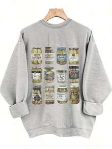 [Olive Green Sweatshirt] Soft Olive Green Crewneck Sweatshirt |       PICKLES Letter Print & Pickle Jar Graphic - Mid-Stretch Fabric, Machine Washable, Casual All-Season Comfortchristmas Outfit Women-Unisex, Comfortable Vintage Cotton Washed T-Shirt - Xám - Xem 2