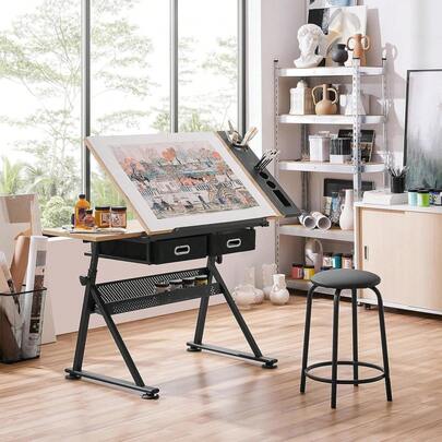 Drafting Table For Artists, Height Adjustable Drawing Desk Art/Craft Desk Diamond Paintings Work Station W/ 2 Storage Drawers And Stool For Home Office, Black