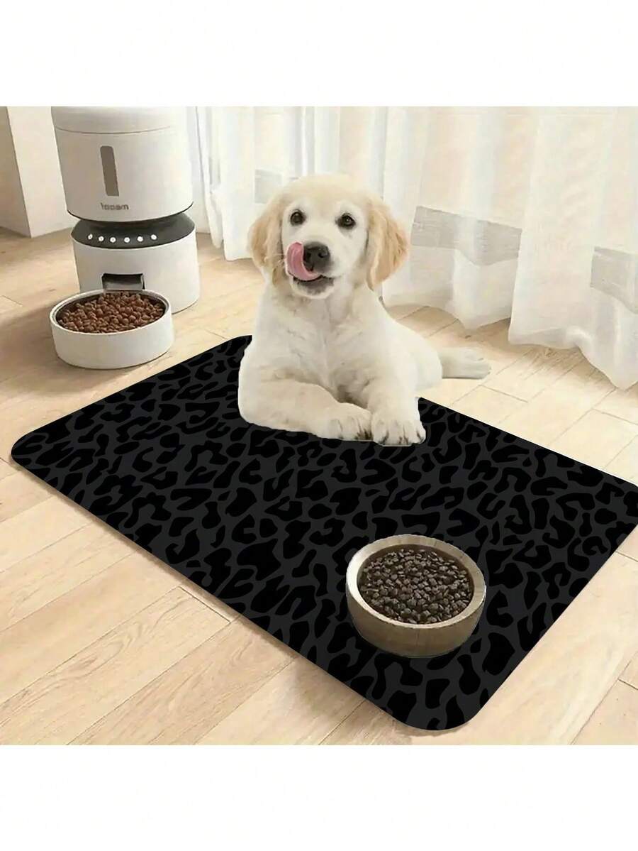 1pc Black Leopard Print Pet Feeding Mat, Rubber Non-Slip Bottom, Water-Absorbent & Dirt-Resistant Surface, Suitable For Cats & Dogs - Multicolor - View 1