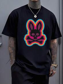 Neon Bunny Skull With Crossbones Symbolizing Playful Rebellion And Fearless Attitude Graphic On% Cotton Men Tshirt 4Y09 - 黑色 - 查看 8