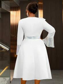 优雅大码女士白色A字中长连衣裙，长喇叭袖，荷叶边领设计，适合婚礼、晚宴、新年等春季派对等场合 - 白色 - 查看 3