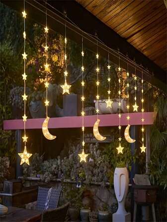 1pc 98-Light Warm White Moon & Star Fairy Lights - Battery-Powered (AA Not Included) With 8 Lighting Modes, Contemporary String Lights For Indoor/Eid, Birthday Party Decorations - Perfect Gift For Home, Roof, Eaves