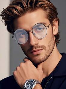 1 pieza Gafas vintage de lente plano redondo para hombres, montura metálica ultraligera sin tornillos de alta gama - Multicolor - Ver 3